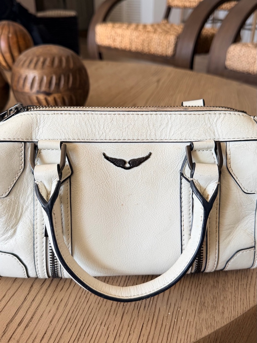 Zadig & Voltaire Cream Mini Leather Satchel with Black Trim